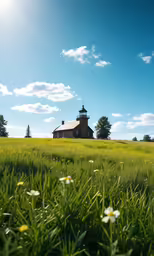 a field with green grass and white flowers