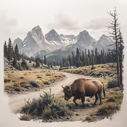 an ox grazes on grass in a mountainous area