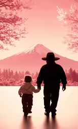a father and son holding hands while standing in front of a painting of a mountain