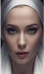 a young woman with a white scarf on her head