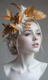 a woman wearing a head piece with gold leaves