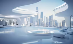 the large room features a futuristic theme with a circular couch and chair