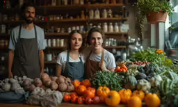a couple of people standing by some vegetables