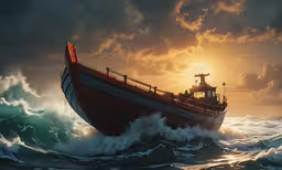 there is a ship out in the water,a boat with sails on rough waves under a cloudy sky
