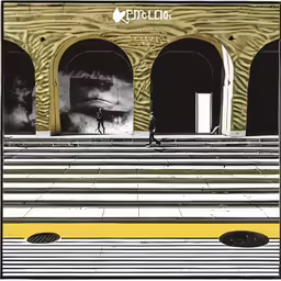 a series of three identical images depicting a man walking into a building