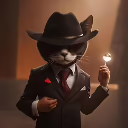 black cat dressed in suit and hat with light