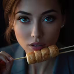 a beautiful woman holding a stick of food