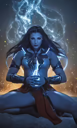 a painting of a woman with sword and lightning