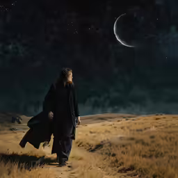 a man walking through a field under a full moon