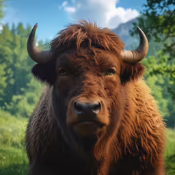 a shaggy bull standing outside in a forest