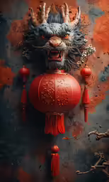 a picture of a creature with two chinese lamps