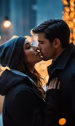 a couple kissing in front of the christmas lights