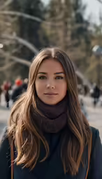 a girl with long hair and a brown scarf looks into the camera