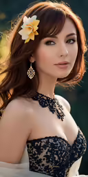 a girl wearing a black lace dress with a flower in her hair