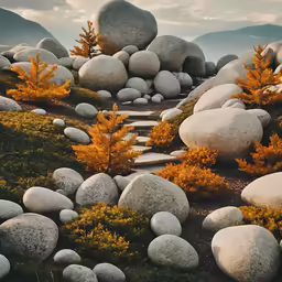 a painting of a trail through some rocks