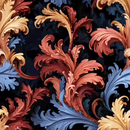an ornate flower and leaf design on black fabric