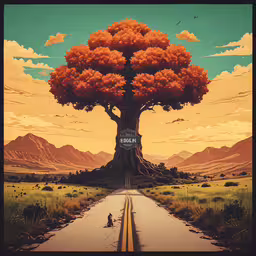 a very cute looking anime picture with some trees,a drawing of an old, majestic tree standing over a long road
