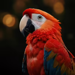 a colorful parrot looking intently at the camera