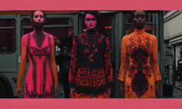 three models are standing in front of a vehicle