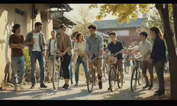 several people standing outside in the dirt near bikes