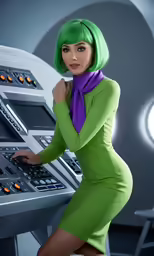woman with green hair and bright green dress in front of a control panel