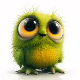a green cartoon with big eyes and fluffy hair