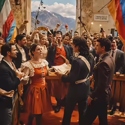 a woman wearing an orange dress standing between two men and many people
