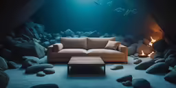 a living room in a cave is shown with rocks and pebbles