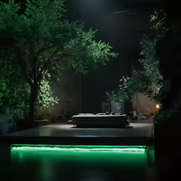 a table with a laptop on it sitting in front of trees