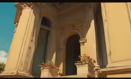 a stone building has ornate balconies with flowers on them