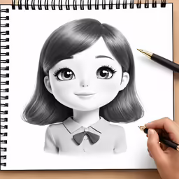 a girl with brown hair and green eyes is drawn on the side of a notebook