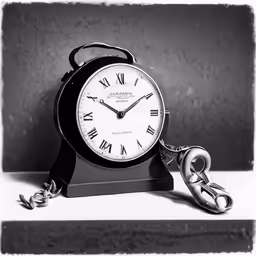a small alarm clock sitting on top of a wooden stand