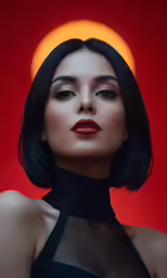 a woman is looking into the distance with her red eyeshade