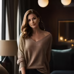 a woman with long hair in a light tan sweater