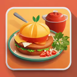 a hamburger and saucer are on a plate,the illustration shows a burger with meat, cheese and vegetables