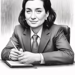the girl is sitting down and signing a document