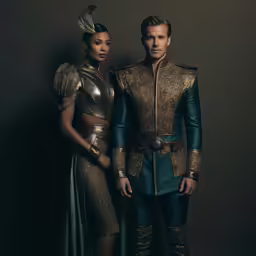 two people standing next to each other wearing gold and blue