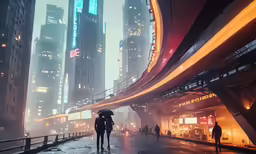 people stand in a city street as it rains at night