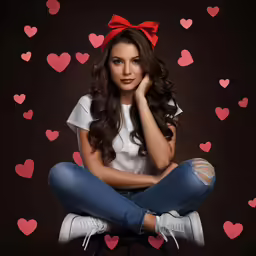 a woman sits on a stool while wearing a red bow