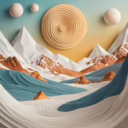 a painting that has an image of mountains with sun above it