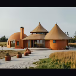 an orange building in front of some dirt bushes and grass