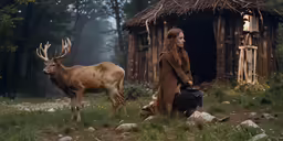 a young woman standing next to a deer