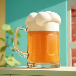 a beer mug sitting on a table in a room