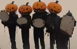several people wearing pumpkins with musical instruments