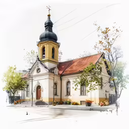 a painting of a white building that has a golden roof