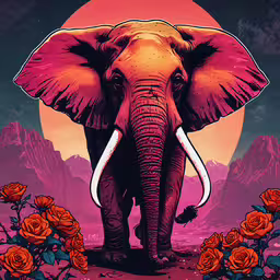 an elephant that has some flowers in front of it,an elephant standing next to some roses and the sky