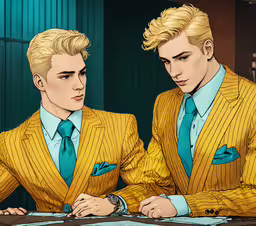two men in yellow suit sitting next to each other,two men in yellow suits sitting at a desk