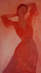 a painting of a woman in an orange dress with hands over her head,a painting of a woman in a red dress