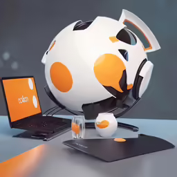 a laptop computer with headphones on sitting on a table next to a ball