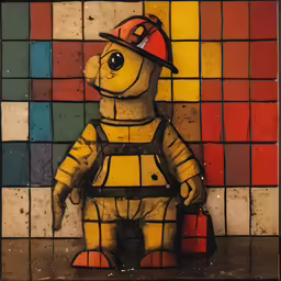 a picture of a yellow fireman in a uniform and hard hat